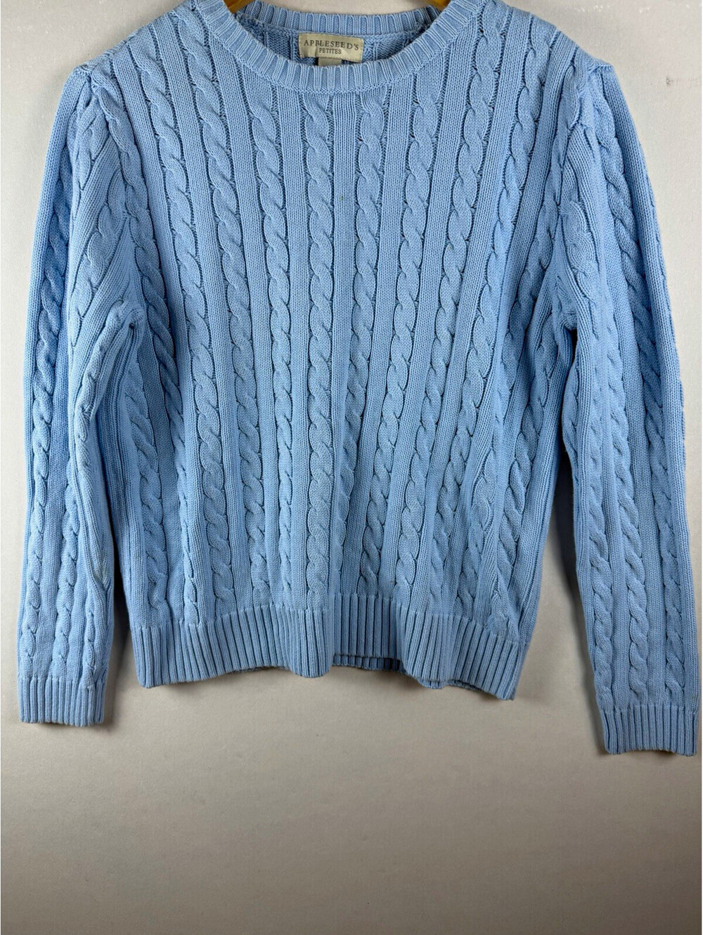 Appleseed's Petites Women's Blue Solid Cable-Knit Crew Neck Pullover Sweater PS